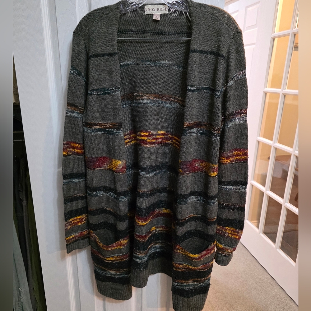 Knox Rose Green Open-Front Cardigan with Rust, Yellow and Blue Accents